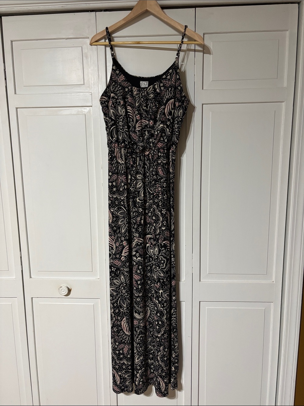 NWOT NAIF Black Maxi Dress with Pink Paisley Print and Spaghetti Straps